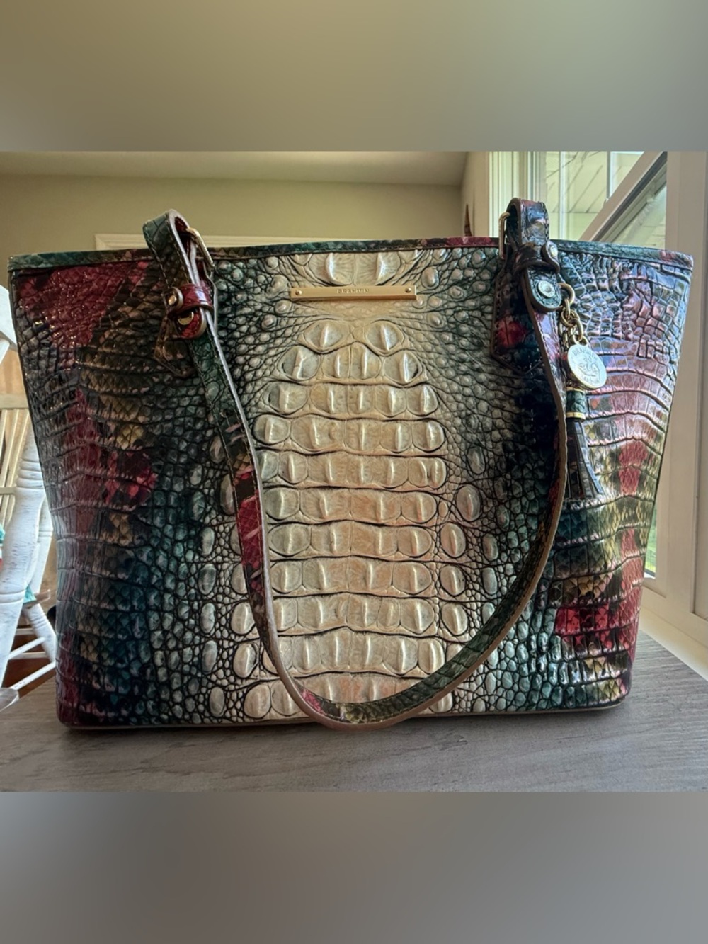 Brahmin Multicolor Croc-Embossed Leather Tote with Cream, Green and Red Accents